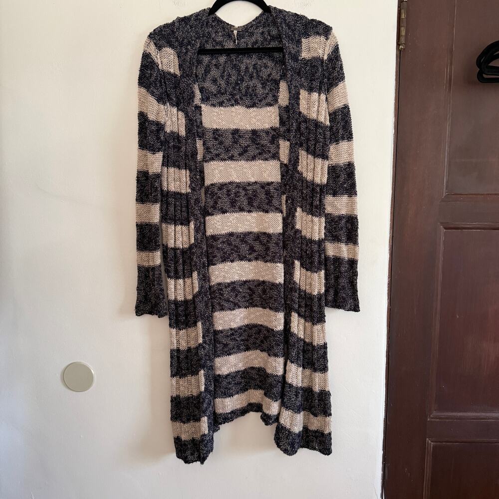 FREE PEOPLE Black and Cream Free Spirit Cotton Linen Blend Long Cardigan Small - Picture 2 of 7